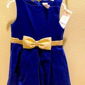 Gymboree rich blue dress with gold bow.